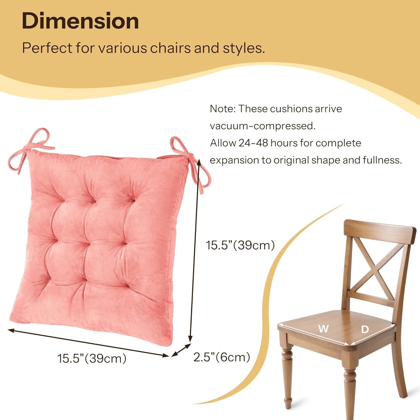 1 Pack Tufted Kitchen Chair Cushions Soft Indoor Chair Pads with Ties Thick Square Seat Cushions for Dining Room 15.5"x15.5" Pink