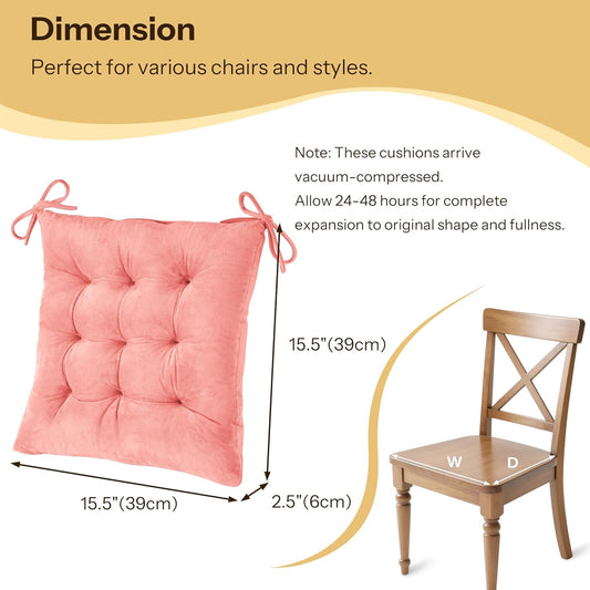 1 Pack Tufted Kitchen Chair Cushions Soft Indoor Chair Pads with Ties Thick Square Seat Cushions for Dining Room 15.5"x15.5" Pink