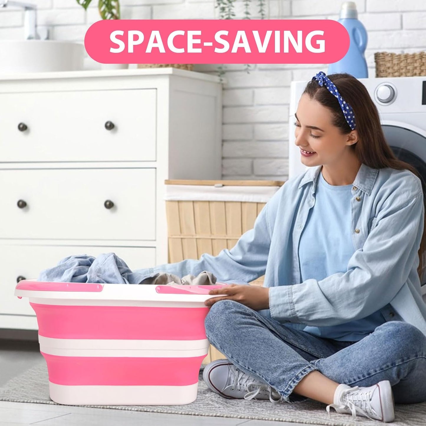 Collapsible Mop Bucket 4.2 Gallon(16L), Space-Saving Foldable Cleaning Bucket with Handle & Hanging Hole for Home, Swimming Pool, Camping, Car Wash & Outdoor (Pink White)