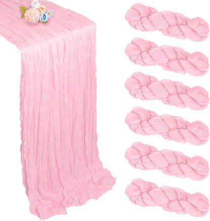 6 Pack Pink Table Runner 10ft Boho Gauze Fabric Cheesecloth Table Runner 35 x 120 Inch Rustic Sheer Runner for Holiday Baby Shower Home Décor Party Wedding Decoration