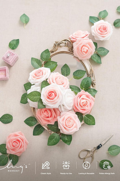 Ling's moment Artificial Flowers, 25Pcs 3" Roses in Shimmer Peach Shades, Realistic DIY Foam Floral Fill for Wedding Bouquets/Centerpieces, Outdoor Party Backdrops, Room/Table, Garden/Pot Decorations