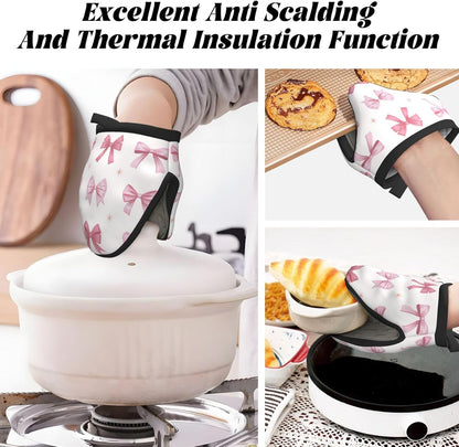 Nine Light Pink Bows Mini Silicone Oven Mitts Heat and Slip Resistant Kitchen Mittens,Short Oven Gloves for Safe Cooking Baking & Grill,5.9"X5.9"