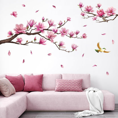SHUCHING Pink Magnolia Tree Wall Sticker Peel and Stick, Vinyl Flower Wall Decal, Floral Wall Decor Art Home Decoration for Living Room Bedroom