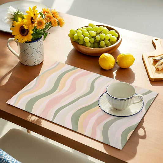 Placemats Light Green Pink Stripes Table Mats Set of 4, Washable Heat Tolerant Low Saturation Colorful Pattern Placemats for Indoor Kitchen Dining, Outdoor Party Dinner,13x19IN
