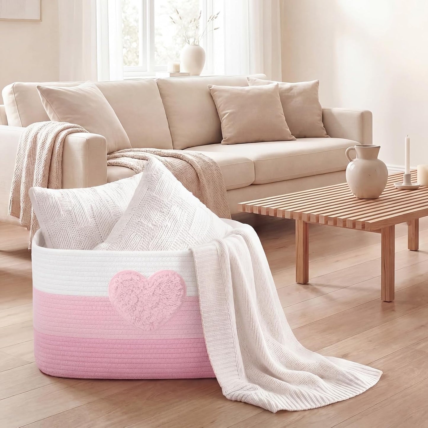 Pink Extra Large Blanket Basket 65L Love Rectangle Woven Storage Basket with Handle for Storing Dirty Clothes Stuffed Animal Toy Storage for Living Room Bathroom 22" x 15" x 12"