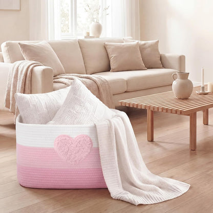 Pink Extra Large Blanket Basket 65L Love Rectangle Woven Storage Basket with Handle for Storing Dirty Clothes Stuffed Animal Toy Storage for Living Room Bathroom 22" x 15" x 12"