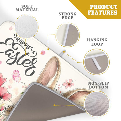 Happy Easter Dish Drying Mat 18x24 Inch,Cute Bunny Pink Flowers Festival Holiday Absorbent Microfiber Dishes Drainer Rack Pad for Kitchen Counter Sink Coffee Maker Bar Table Decor