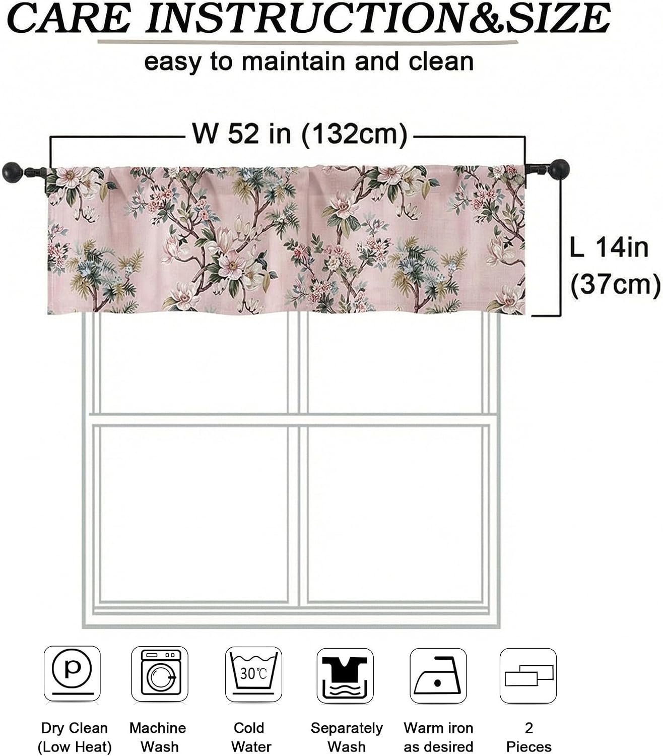 Simplebrand Light Pink Linen Floral Valance Curtains 14 Inch 2 Panels for Kitchen, Light Blocking Narrow Cafe Window Curtains for Basement RV Camper Windows, Farmhouse Basement Panels, 52" W x 14" L