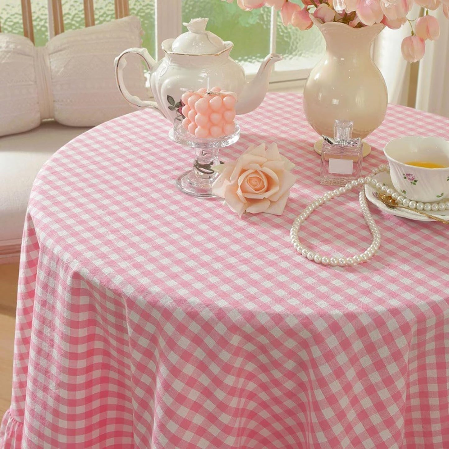 JadeRich Ruffled Gingham Tablecloth 59 Inch Round Check Plaid Striped Washed Cotton Table Cloth Table Cover Decoration for Restaurant Garden Party