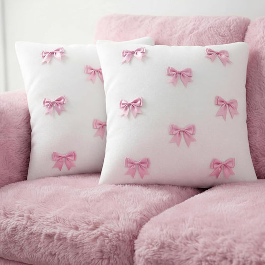 Breling Pink 2 Pack 18 x 18 Inch Hand-Sewn Bows Pillow Covers Set Valentines Day Cute Canvas Preppy Double-Layered Bowknot Pillow Case for Sofa Car Bedroom Living Room Dorm Home Aesthetic Decor