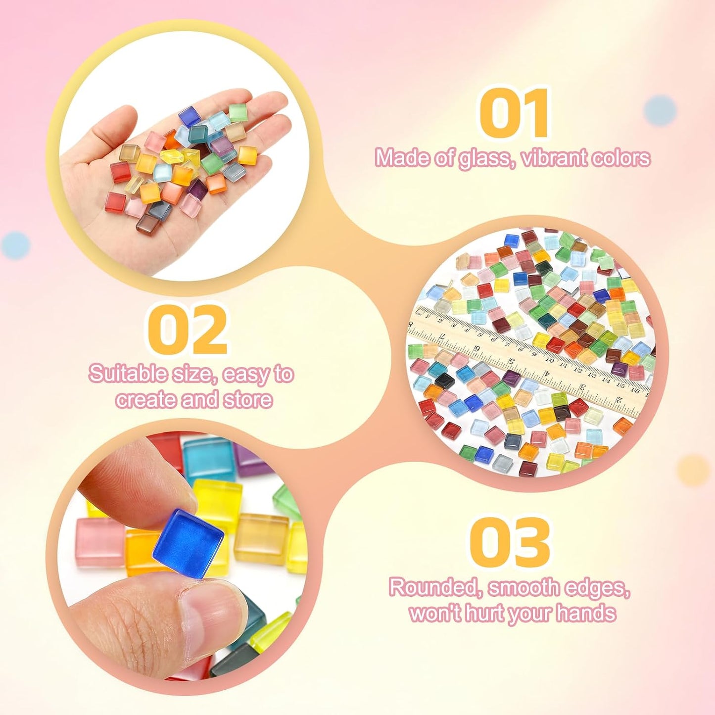 uxcell 300Pcs Glass Mosaic Tiles, 300g Square Crystal Mosaic Glass Crafts Supplies Ceramic Tiles for Crafts Bulk Picture Frames Flowerpots Home Art Decor (0.4 x 0.4 Inch, Peach)