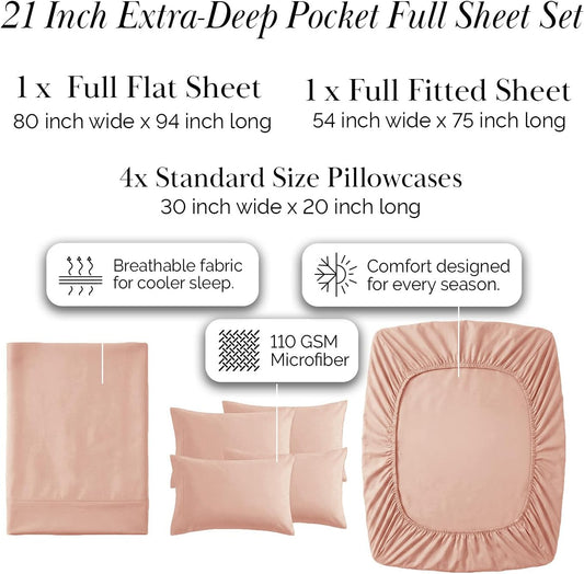 Southshore Fine Living, Inc. 6-Piece Bed Sheets Full Size Set, 21-Inch Full Size Bed Sheets, 1 Deep Pocket Fitted Sheet, 1 Flat Sheet, Queen Pillowcases, Blush Pink Pillow Cases, Blush Bedding