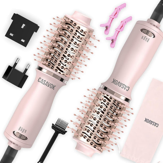 Dual Voltage Hair Dryer Brush for Travel, 4 in 1 Mini Hot Air Brush Blow Dryer Brush for Short Hair, 2 Inch Oval Curling Straightener Volumizer, 120-240V Dual Voltage with EU/UK Adapters, Pink