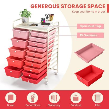 COSTWAY 15 Drawer Rolling Storage Cart, Mobile Utility Cart with Lockable Wheels, Drawers, Multipurpose Organizer Cart for Home, Office, School, Gradient Pink