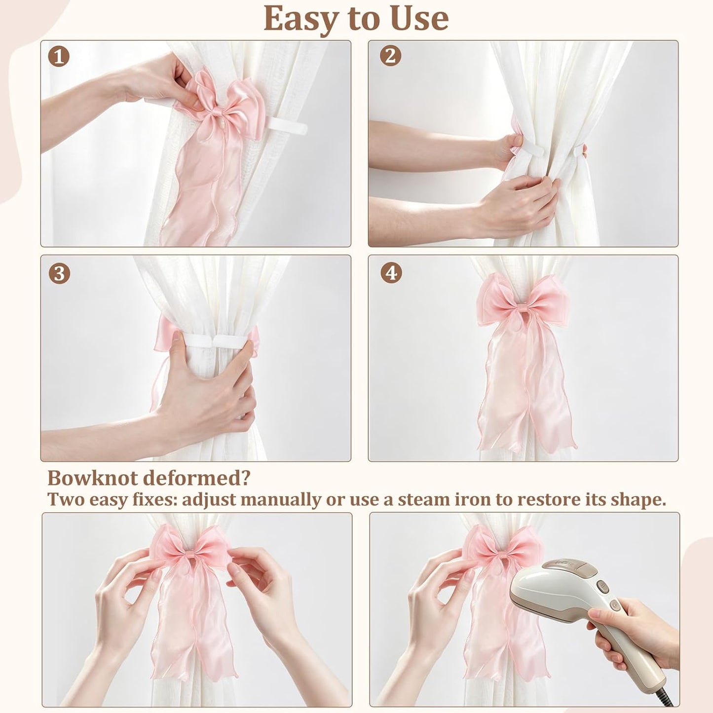 Dahey 2Pcs Bow Curtain Tiebacks Pink Ribbon Curtain Holdbacks with Bendable Metal Core Decorative Tie Backs Accessories for Curtains, Girls Bedroom Home Living Room Wedding Party Offices Decor