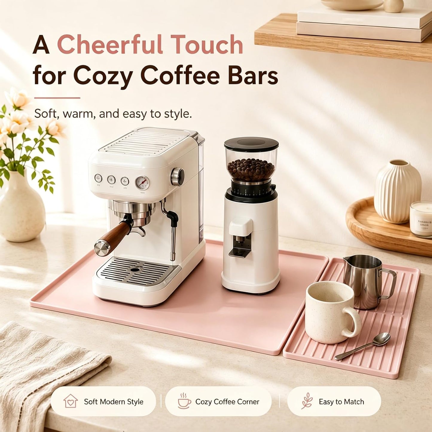 Silicone Coffee Bar Mat 24 x 16 in with Drying Tray, Soft Pink | 24 x 16 in food-grade silicone mat for home/coffee bar; removable tray, raised rim, smooth base adds grip, heat insulation