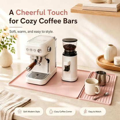 Silicone Coffee Bar Mat 24 x 16 in with Drying Tray, Soft Pink | 24 x 16 in food-grade silicone mat for home/coffee bar; removable tray, raised rim, smooth base adds grip, heat insulation