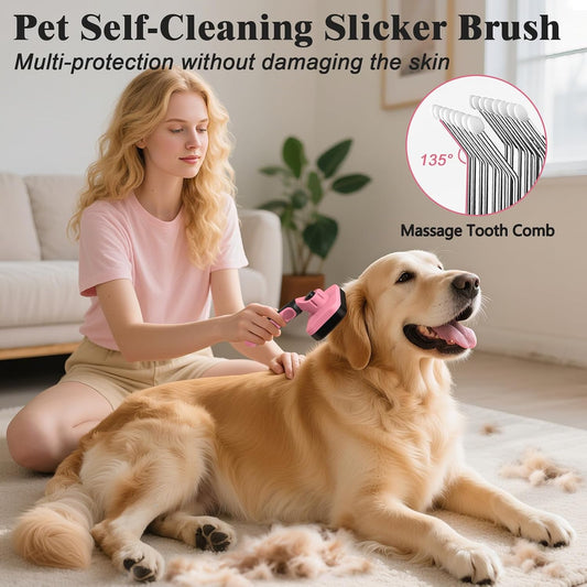 2PCS Self Cleaning Slicker Brush & Dog Comb - Skin Friendly Deshedding Grooming Tool for Dogs, Cats and Small Animals, Professional Deshedding Dematting Tool for Long and Short Haired Pets (Pink)