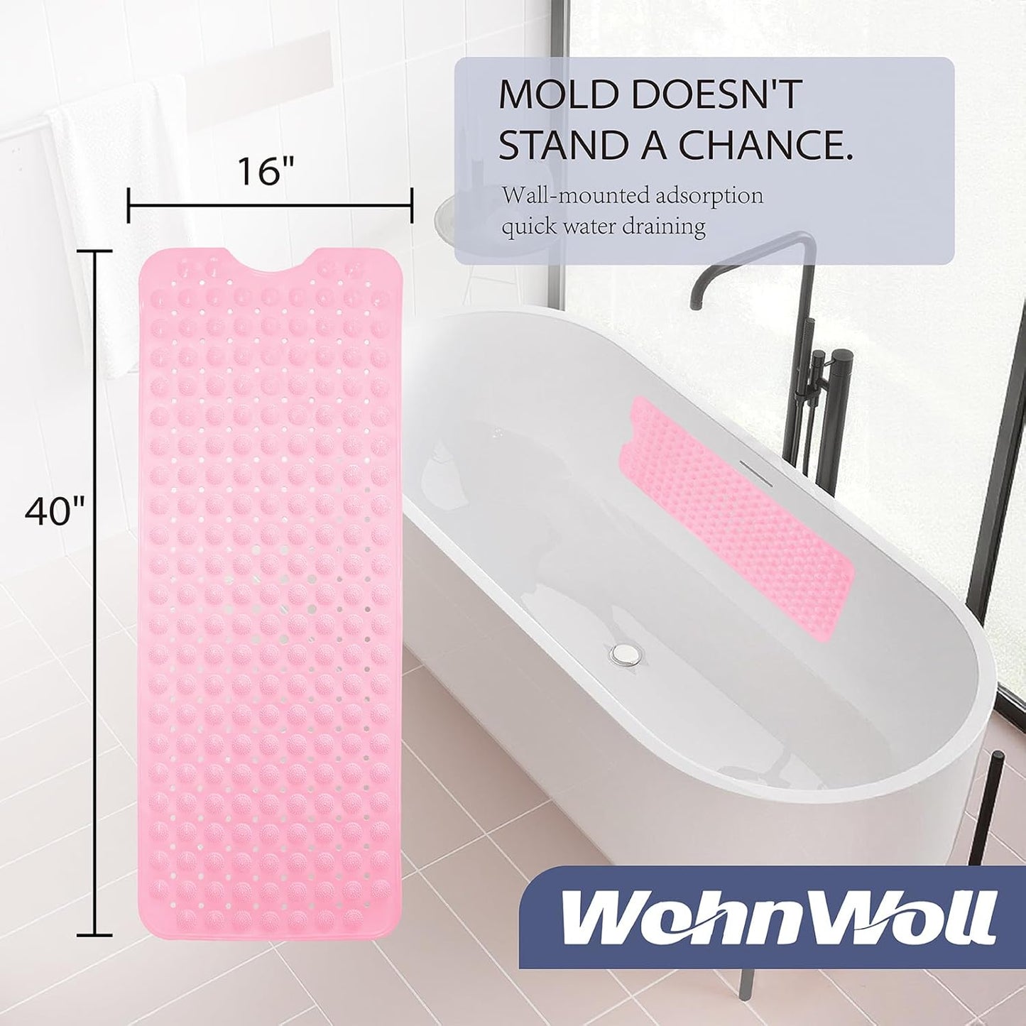 Non-Slip Bath Tub Mat, Extra Large 40x16 Inch Shower Mat with Suction Cups & Drain Holes, Quick Dry Soft Mat for Bathroom Floor Safety, Massage Style, Pink