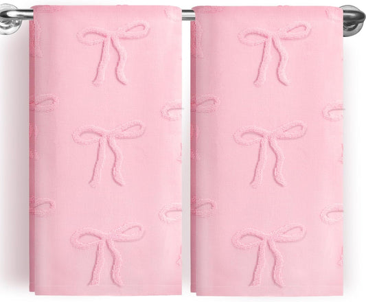 Pink Hand Towels for Girl Bathroom Decor - 2 Pcs Pink Bow Face Towels 100% Cotton Absorbent Decorative Jacquard Weave Bath Decor, Preppy Bath Decors Gift for Coquette Girl, 14 * 29inch