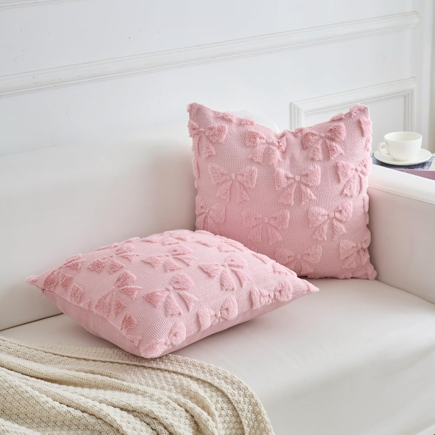 LIGICKY Set of 2 Pink Bow Throw Pillow Covers Decorative Soft Plush Cute Bowknot Couch Cushion Covers Coquette Room Decor Aesthetic Pillow Cases for Girl Bed Chair Sofa Living Room,18x18 Inch