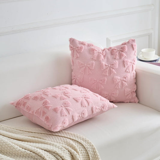 LIGICKY Set of 2 Pink Bow Throw Pillow Covers Decorative Soft Plush Cute Bowknot Couch Cushion Covers Coquette Room Decor Aesthetic Pillow Cases for Girl Bed Chair Sofa Living Room,18x18 Inch