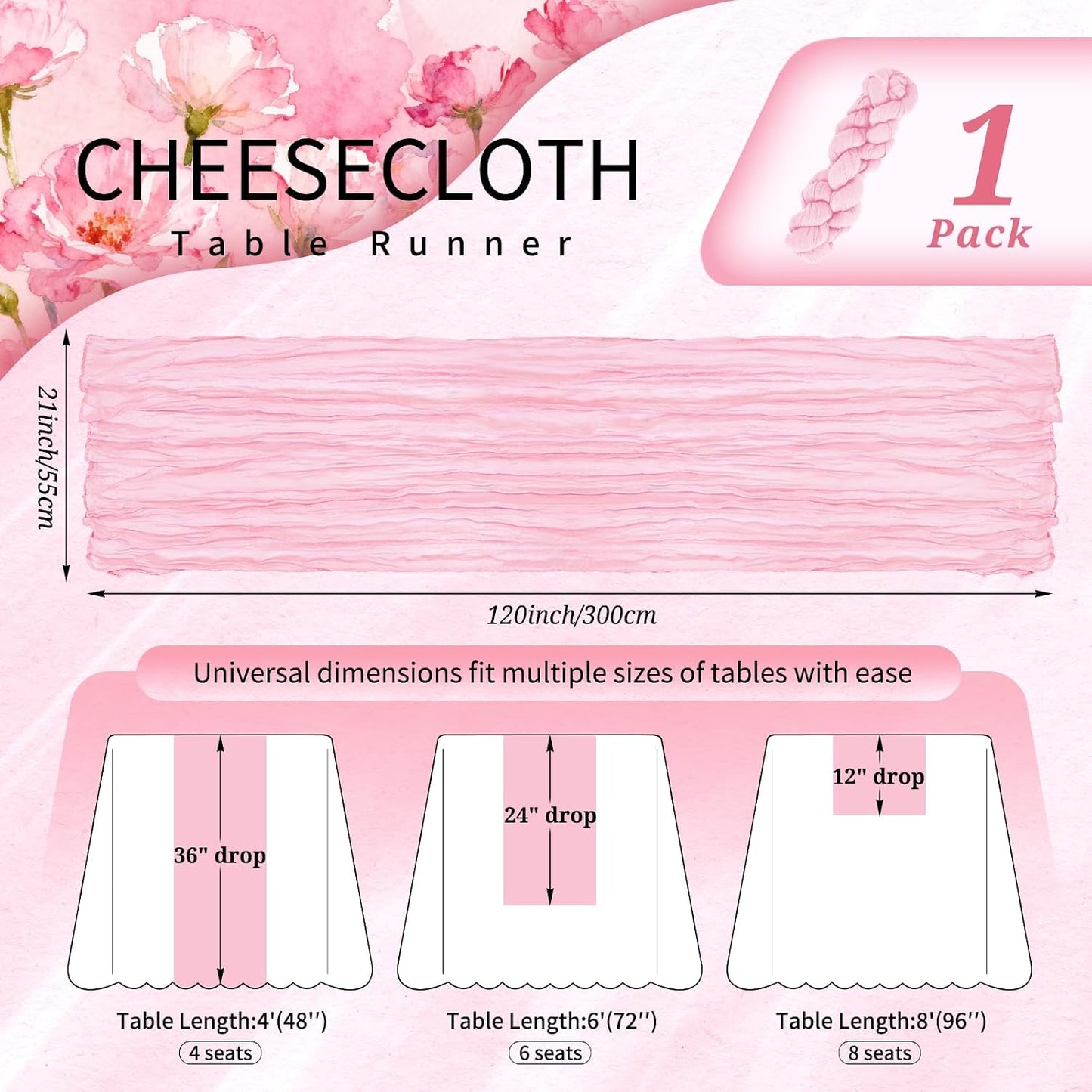 Showgeous Cheesecloth Table Runner 10FT Light Pink Table Runner Boho Gauze Cheese Cloth Table Runners Long Rustic Sheer Table Decorations for Wedding Party Baby Bridal Shower Birthday Holiday Home