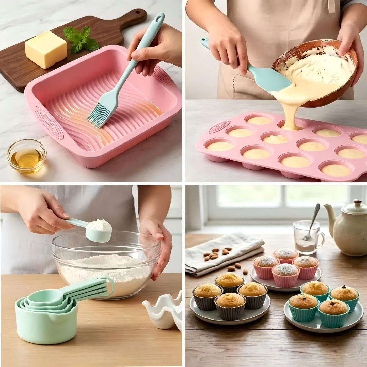 25 PCS Silicone Baking Pans Set, Nonstick Bakeware Sets with Round Cake Pans, Muffin Pans, Baking Cups and Spoons for 450°F Oven Safe Bread, Cupcakes and Desserts (Pink)