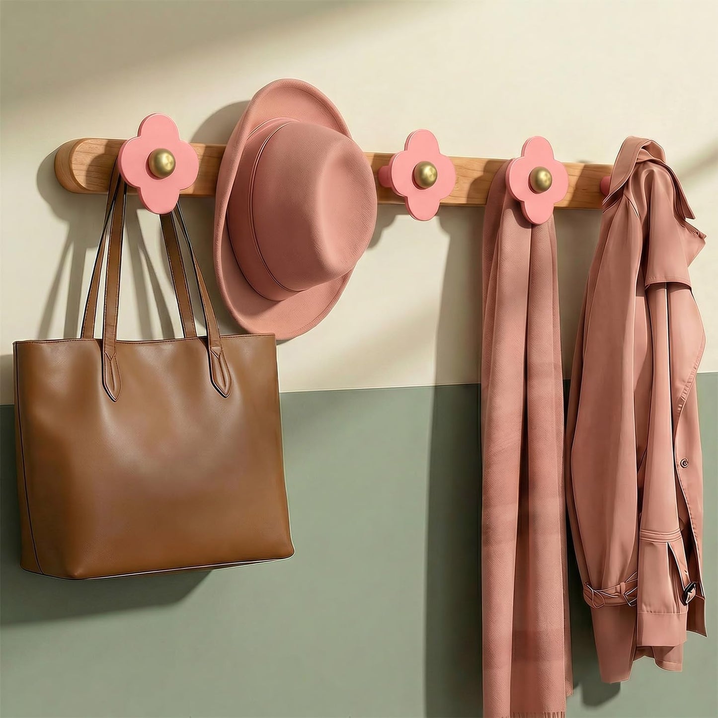 Tindbea Upgreded Cheery Wood Wall Hooks Heavy Duty Coat Rack Wall Mount 5 Hooks for Coat, Purse, Hat, Robe, Towel, Clothes, Decorative Home Storage for Bathrooms, Eentryway, Kitchen Door, Pink