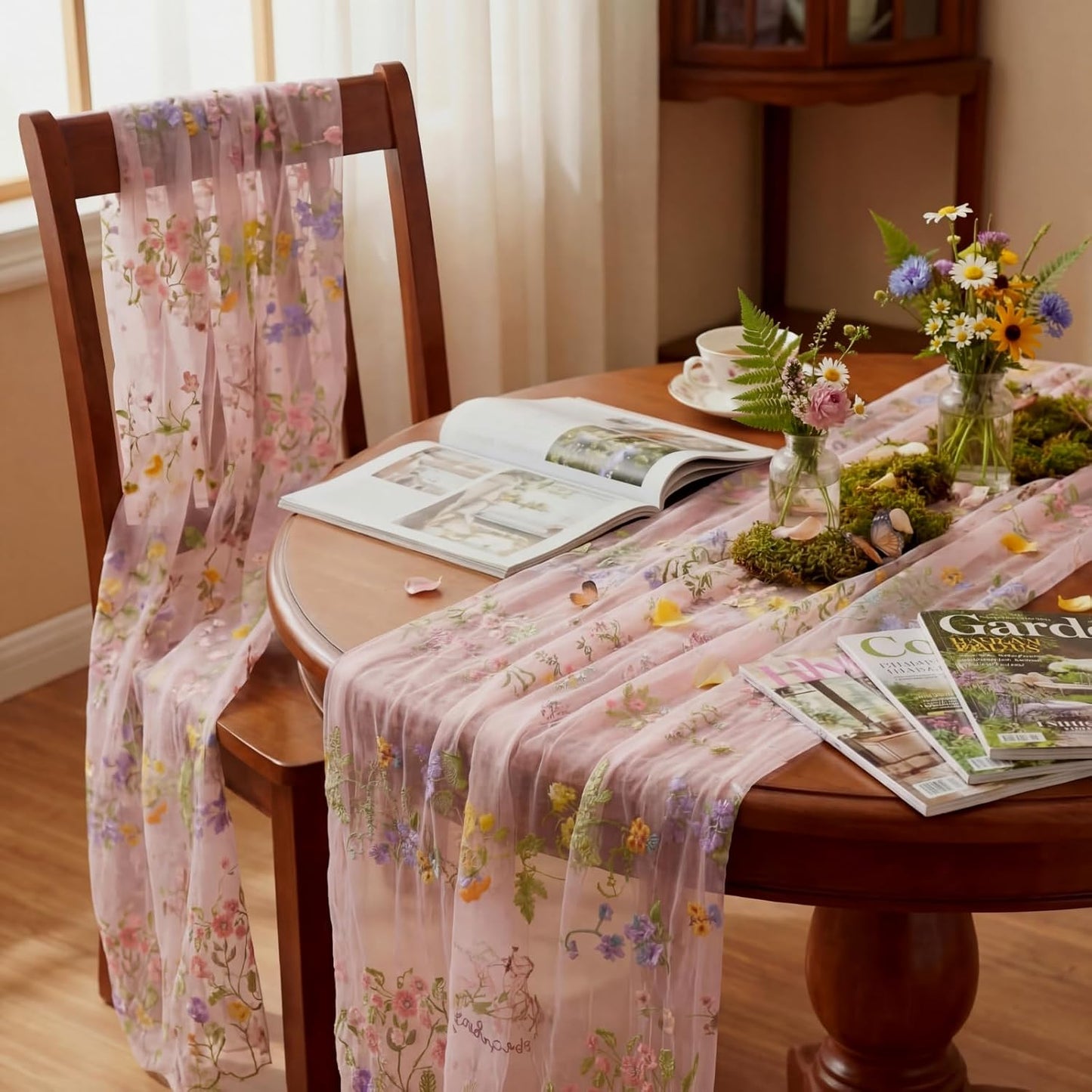 Pink Floral Table Runner 10ft Embroidery Tulle Spring Wildflower Table Runner Seasonal Summer Butterfly Kitchen Dining Gauze Decoration for Wedding Baby Shower Birthday Party (1 Pcs)