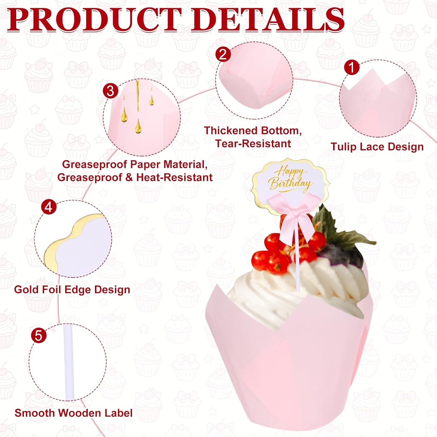 uxcell 100Pcs Tulip Cupcake Liners with 10Pcs Cheese Markers, Muffins Liners Solid Paper Greaseproof Wrappers Baking Cups with Writable Toppers for Wedding Birthday Shower, Light Pink