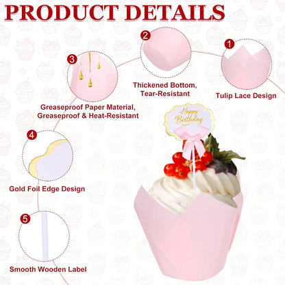 uxcell 100Pcs Tulip Cupcake Liners with 10Pcs Cheese Markers, Muffins Liners Solid Paper Greaseproof Wrappers Baking Cups with Writable Toppers for Wedding Birthday Shower, Light Pink