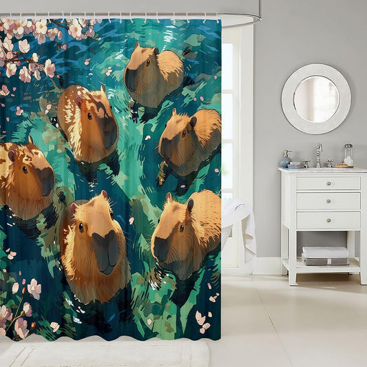 Erosebridal Funny Capybaras Shower Curtain 72" W X 72" L Pink Cherry Blossom Petals Bath Curtain Cute Wildlife Animals Bathroom Accessories for Kids Adults Teal Ombre Fabric Shower Curtains