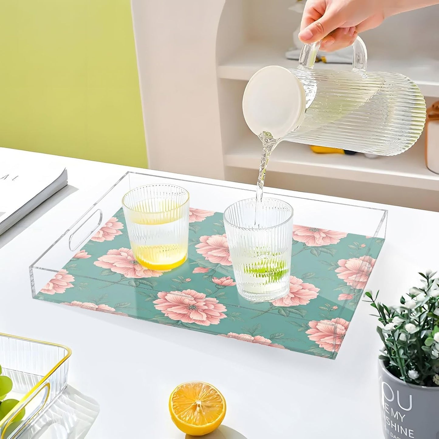 Kigai Pink Floral Pattern Serving Tray with Handles, 12x16 Inch Decorative Acrylic Tray Organizer, Multi-Purpose Sturdy Serving Platter for Coffee Table, Kitchen, Vanity, Nightstand