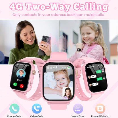 4G Kids Smart Watch GPS Tracker, Smartwatch for Kid with Video Calling, Voice Chat, Class Mode, SOS , Pedometer, Alarm, SIM Card HD Touch Screen Phone Watch Gift for 4-12 Girls Boys (Light Pink)
