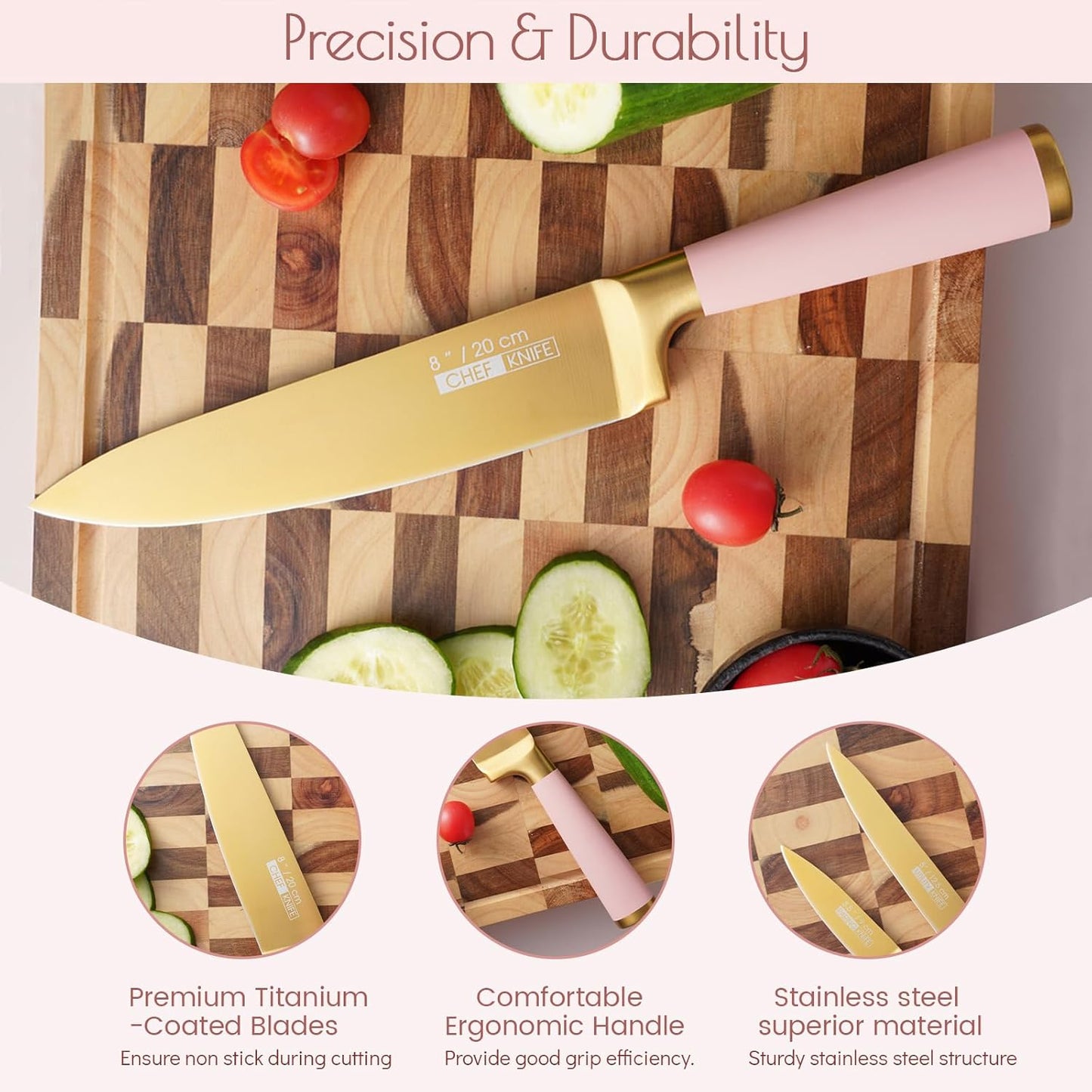 Gold Knife Set, 7 Pieces Titanium Coated Knife Block Set with Pink Wood Block, Ultra Sharp Stainless Steel Chef Knife Sets for Kitchen Built-in Sharpener, Kitchen Accessories and Decor (Pink)