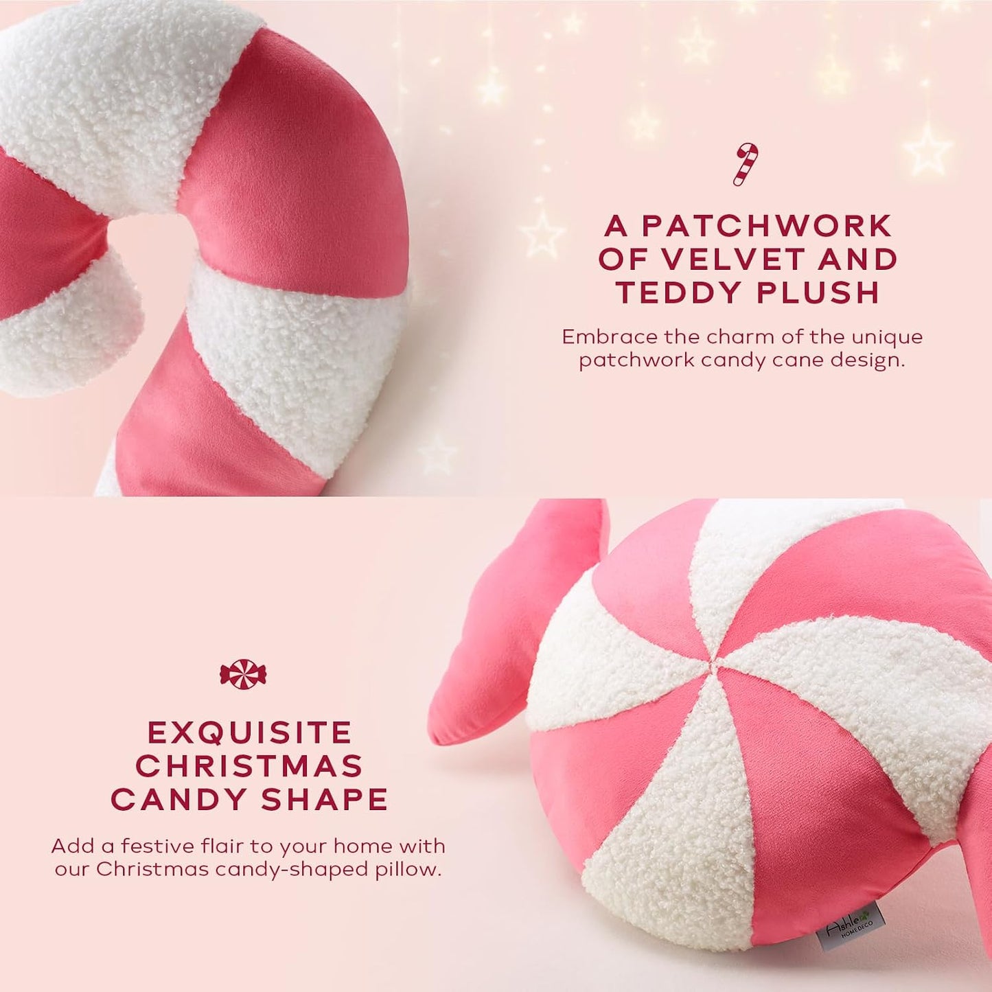 Ashler Merry Christmas Candy Shaped Pillows, Set of 2 Candy Cane Teddy Sherpa Soft Velvet Patchwork Throw Pillows, Christmas Cushion for Sofa, Bed and Living Room, Pink