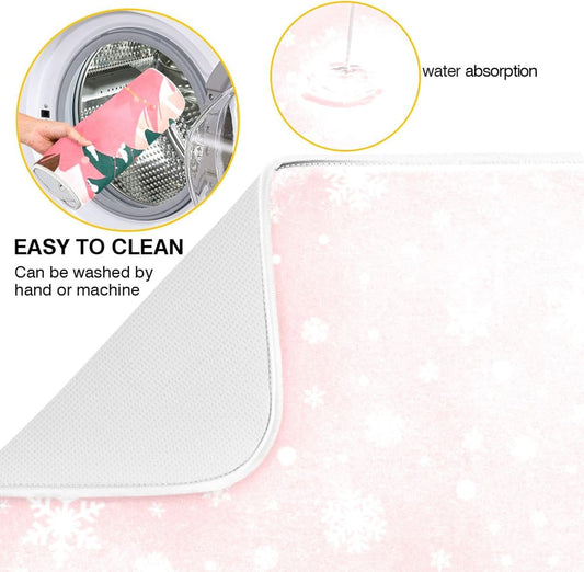 Christmas Tree Pink Dish Drying Mat for Kitchen Countertop 18x24 Winter Snowflake White Xmas Large Drying Mat Reusable Quick Dry Dish Sink Mats Easy Clean Decorative Essentials
