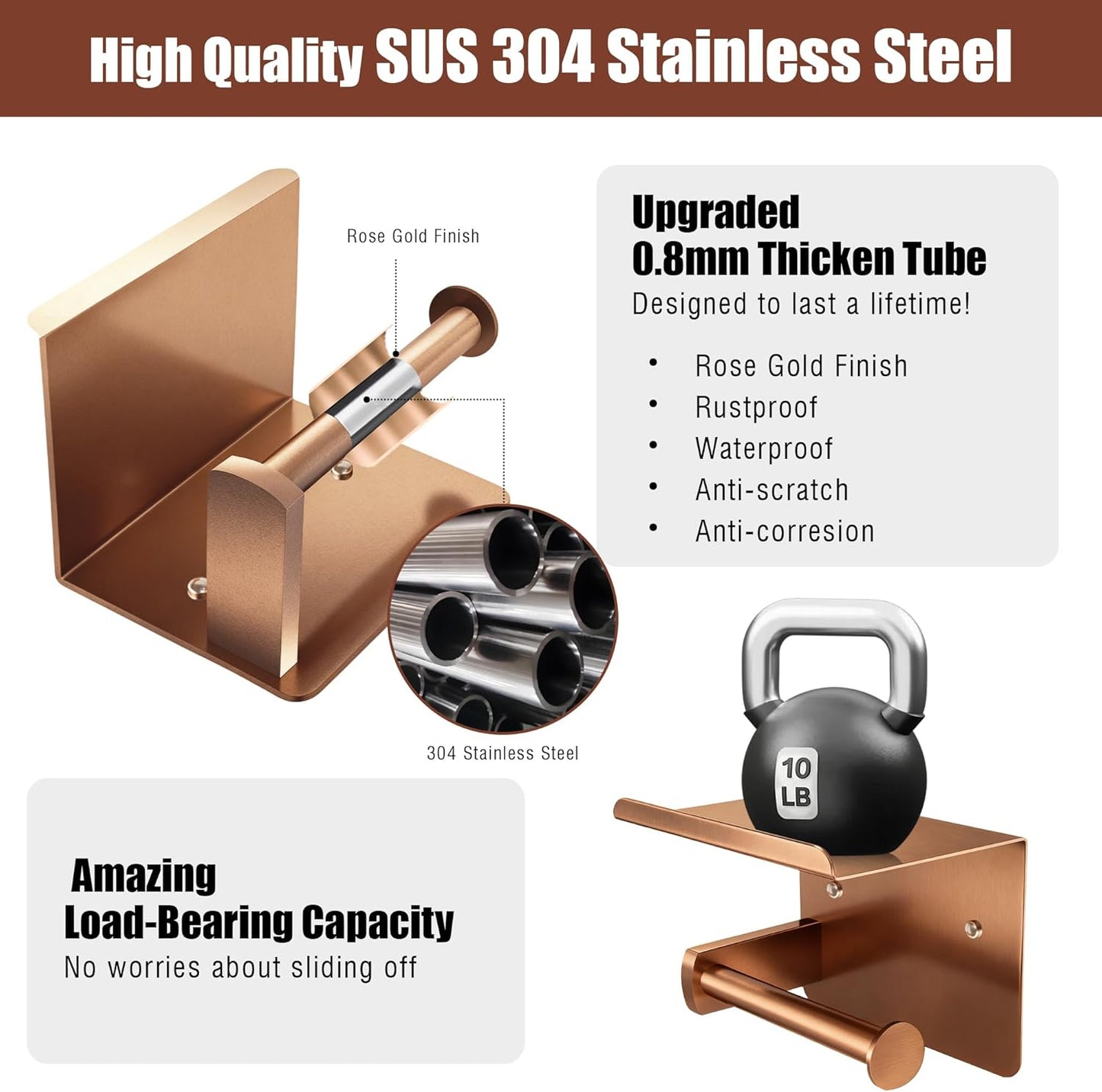 Rose Gold Toilet Paper Holder with Shelf, SUS304 Stainless Steel Rustproof Wall Mount Toilet Paper Roll Holder, Screw Bathroom Toilet Paper Holder for Kitchen, Washroom, RV