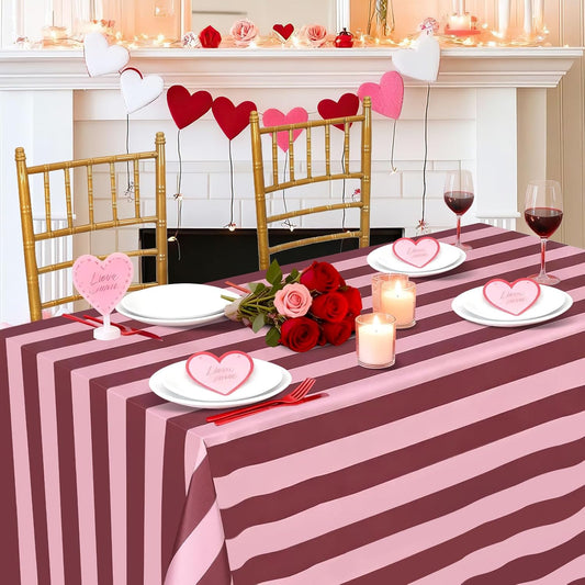 Fanqisi Table Cloth Red and Pink Striped Tablecloth - 57 x 84 Inch Romantic Waterproof Tablecloths Rectangle Polyester Table Covers for Birthday Wedding Ceremony Banquet Picnic Party Decorations