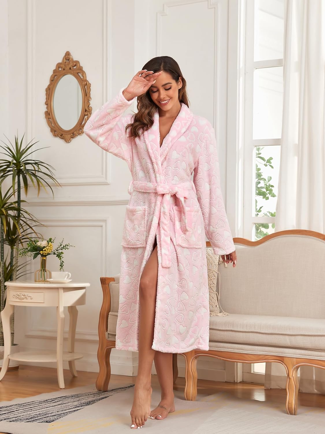 RONGTAI Long Fleece Robe for Women, Shawl Collar, Plush Warm Fabric, Side Pockets, Love Print Design, Nightwear Style (XL, love-pink), X-Large