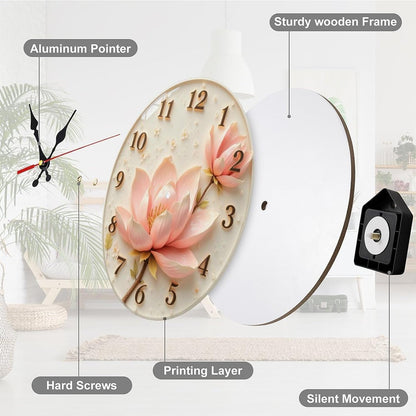 Pink Lotus Clock with Golden Numbers 2D 10 Inch Silent Wall Clock,Frameless Wooden Round Clock with Quartz Movement for Bathroom, Kitchen, Living Room, Bedroom