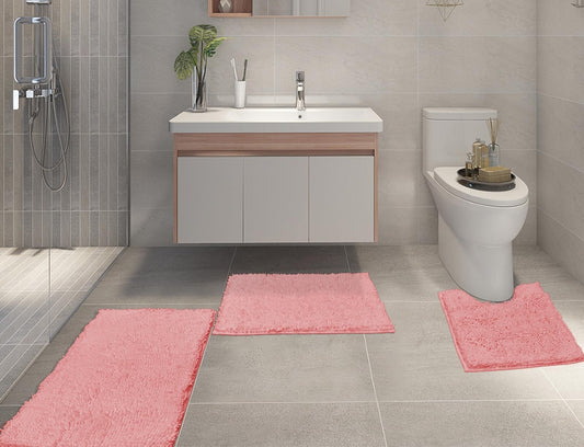 Bathroom Rugs Sets 3 Piece,Bath Mats for Bathroom Non Slip, Thick Chenille Bath Rug,Soft and Absorbent Shaggy Bathroom Mat Set, Machine Wash & Quick Dry Durable Carpet for Bath,Kitchen,Pink