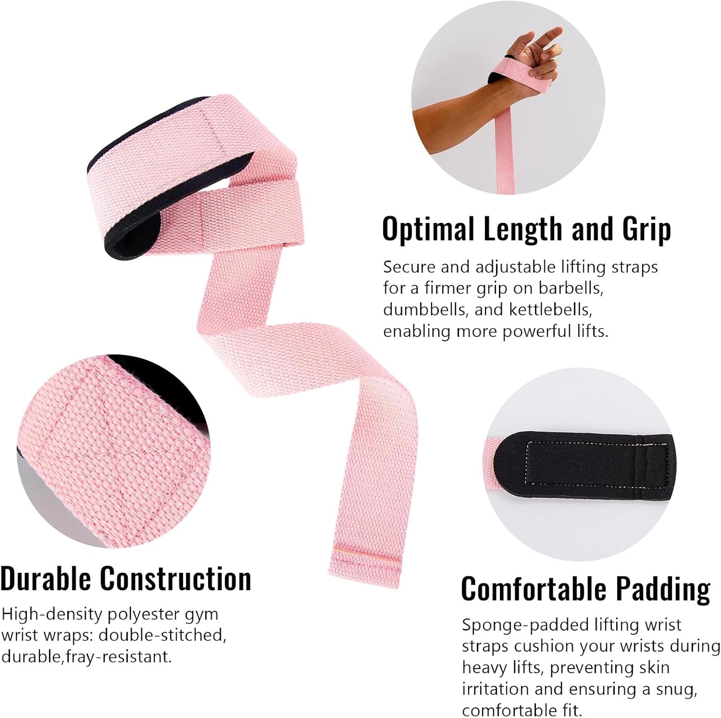 Wrist Straps for Weightlifting, 2 Pair Gym Pink Lifting Straps with Neoprene Padded Wrist Cushion, Weight Lifting Straps for Women Men, Deadlifts, Bodybuilding and Strength Training