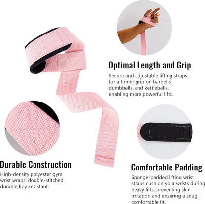 Wrist Straps for Weightlifting, 2 Pair Gym Pink Lifting Straps with Neoprene Padded Wrist Cushion, Weight Lifting Straps for Women Men, Deadlifts, Bodybuilding and Strength Training
