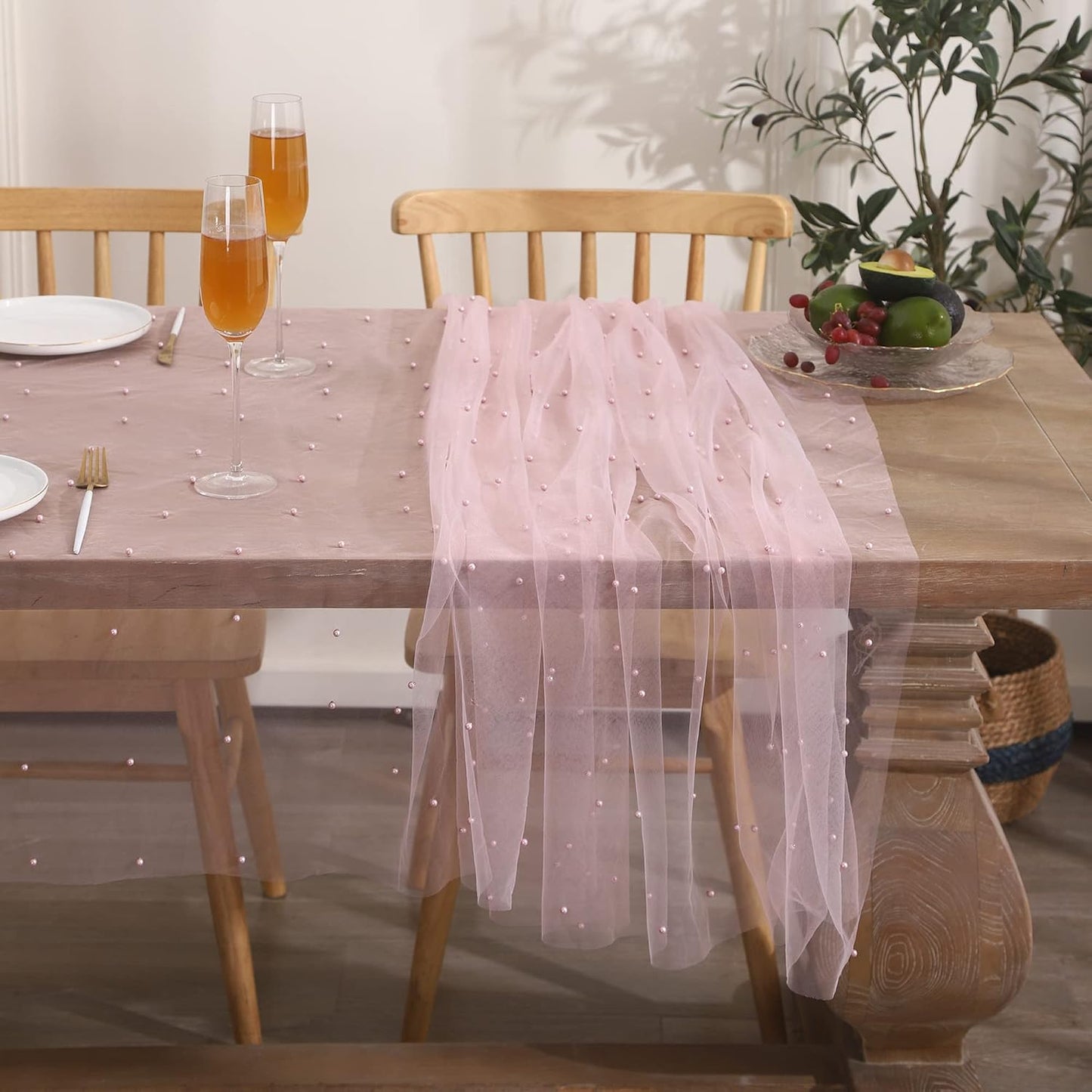 Pink Lace Tablecloth Pearl Table Cloth Summer Sheer Tulle Fabric Table Cover Bridal Shower Veil Tablecloths Chiffon Table Covers for Wedding Birthday Party Arch(55 x 86 Inch)