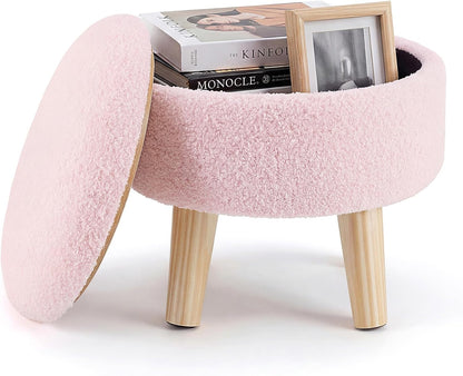 DUMOS Round Storage Ottoman Foot Rest, Compact Boucle Upholstered Footstool with Hidden Storage, Padded Seat, Small Coffee Table for Living Room, Bedroom, Pink