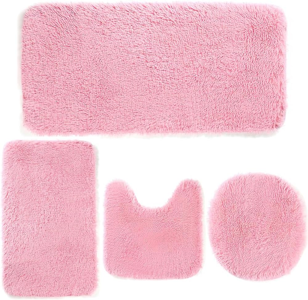 4 Piece Non Slip, Toilet Lid Cover and Contour Mat, Bath Mats Shower Mats Bath Rug Mat for Tub Toilet Bathroom (Pink)