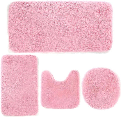 4 Piece Non Slip, Toilet Lid Cover and Contour Mat, Bath Mats Shower Mats Bath Rug Mat for Tub Toilet Bathroom (Pink)