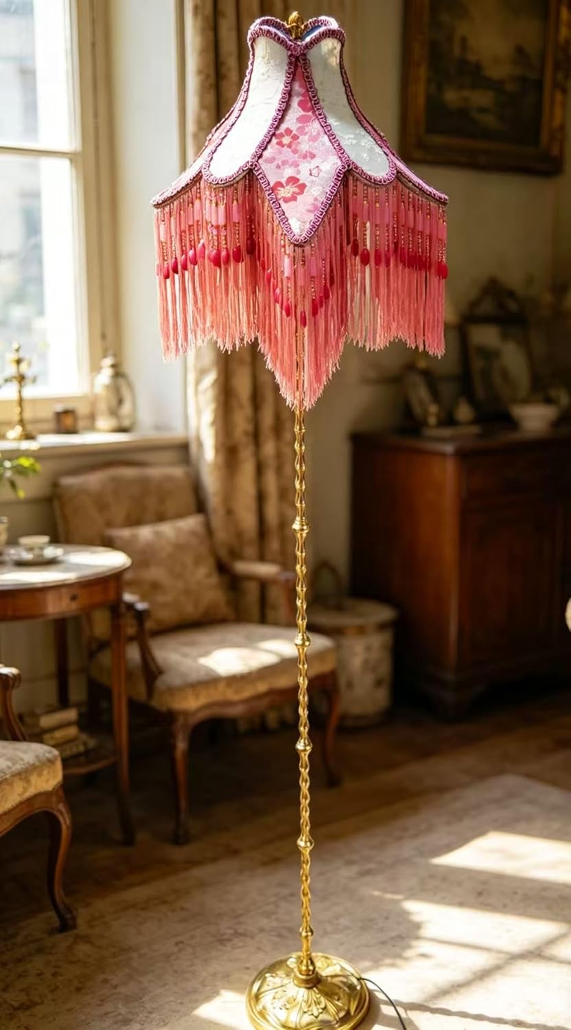 Shabby Chic Victorian Floor Lamp, Pink Cherry Floral Embroidered Lampshade with Tassel Fringe, Brass Stand, Beho Retro Style Living Room Lighting